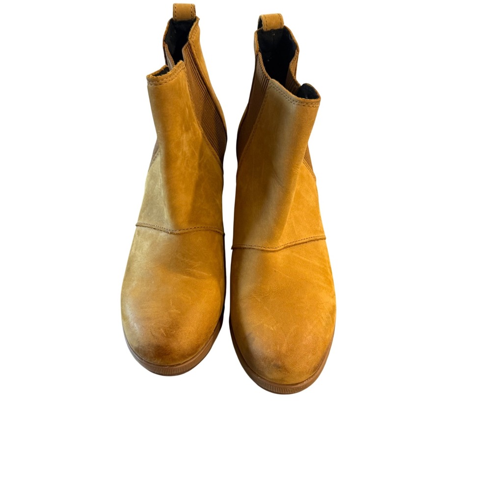 Sorel Joan of Arctic Wedge Boots Womens 9.0 Tan Good Leather Chelsea Ankle Boot